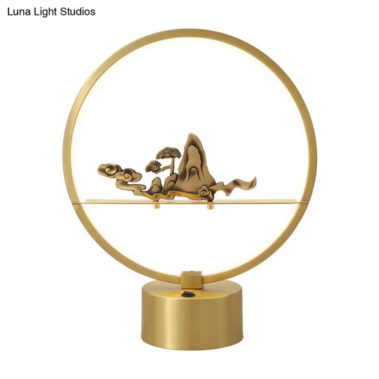 Loop Led Table Light: Artistic Metal Brass Night Lamp With Carved Mountain Decor