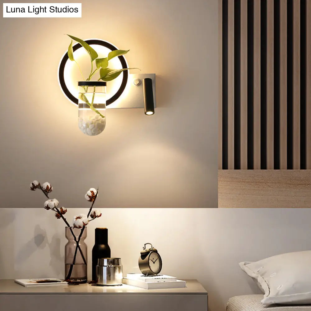Loop Shaped Wall Sconce Metal Led Light With Spotlight And Plant Pot In Black-White - Decorative