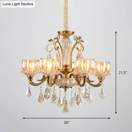Lotus Carved Crystal Antique Gold Hanging Chandelier For Dining Room Ceiling
