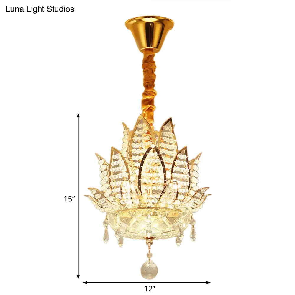 Modern Gold Lotus Crystal Ball Chandelier - 3-Light Hallway Hanging Light
