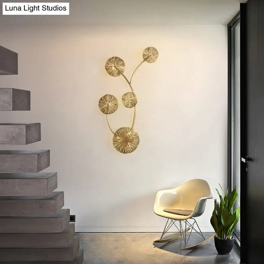 Lotus Leaf Etched Brass Wall Sconce - Metal Art Deco Stairs Lamp