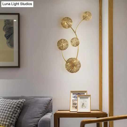 Lotus Leaf Etched Brass Wall Sconce - Metal Art Deco Stairs Lamp