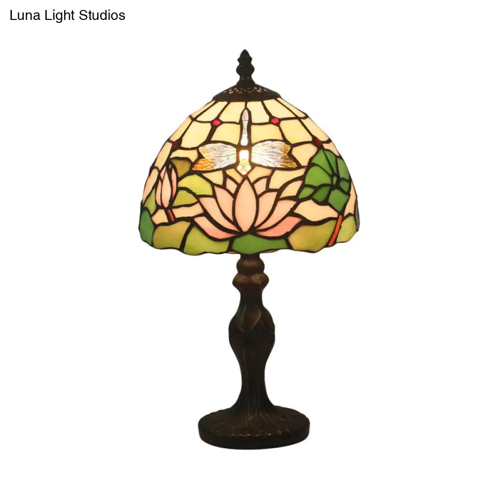 Lotus Pattern Tiffany Cut Glass Table Lamp - 1-Light Dark Brown Nightstand Lighting