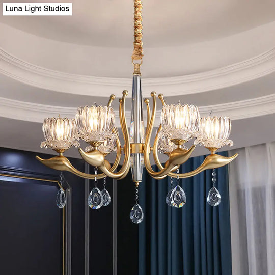 Lotus Shade 6-Light Pendulum Chandelier - Traditional Gold Finish With Clear Crystal Pendant