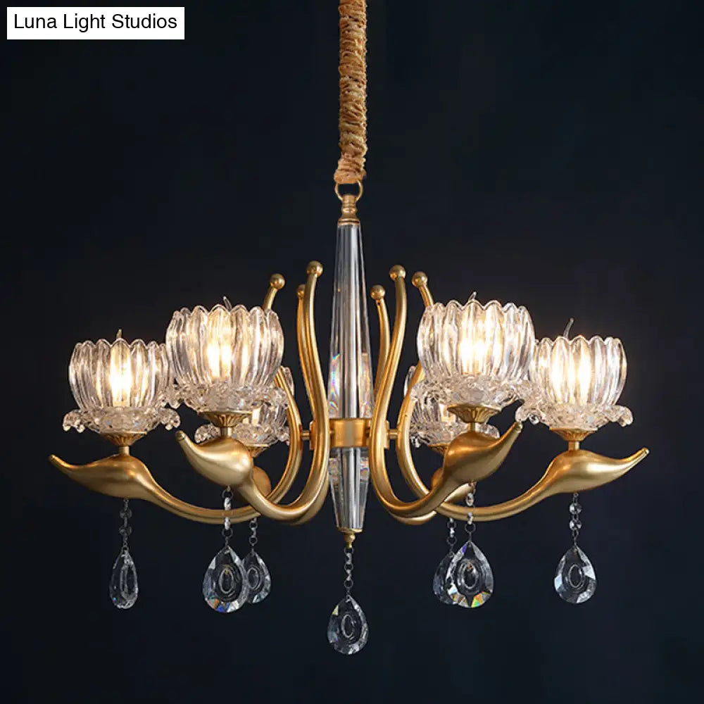 Lotus Shade 6-Light Pendulum Chandelier - Traditional Gold Finish With Clear Crystal Pendant