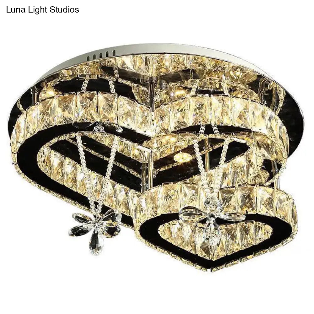 Loving Heart Ceiling Flush Light With Maple Leaf Charm - 2 Tiers Stainless Steel Mirror Crystal