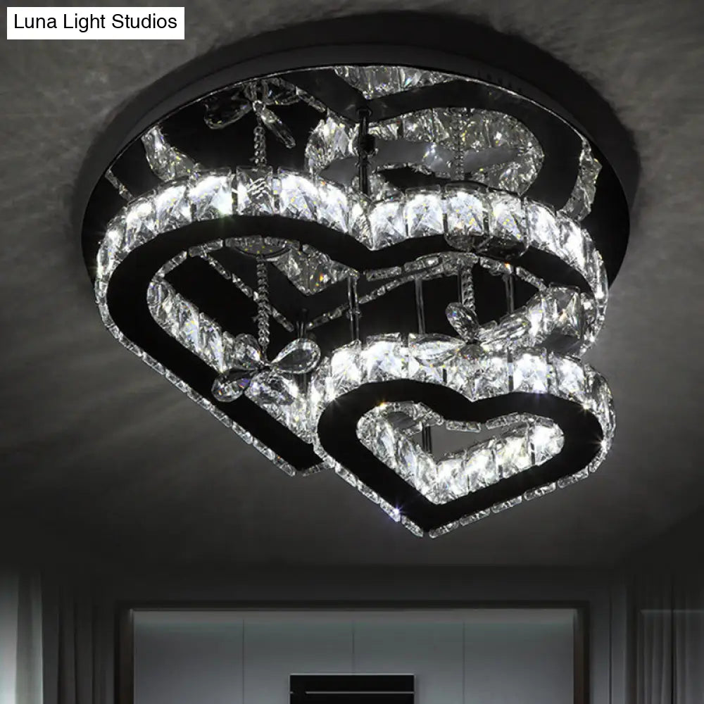 Loving Heart Ceiling Flush Light With Maple Leaf Charm - 2 Tiers Stainless Steel Mirror Crystal