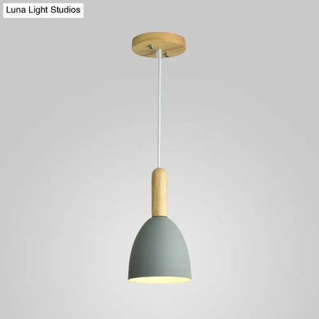 Macaron 1-Head Pendant Light: Metallic Bell Hanging With Wooden Handle