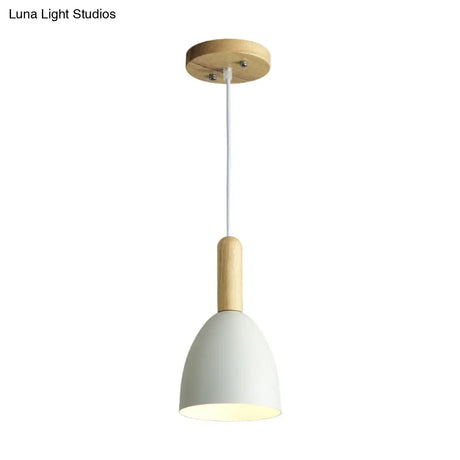 Macaron 1-Head Pendant Light: Metallic Bell Hanging With Wooden Handle