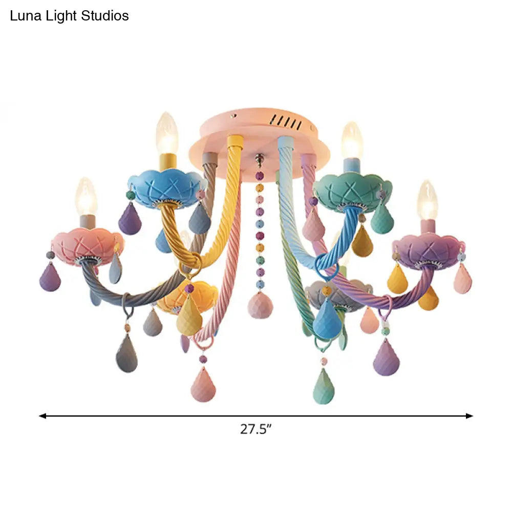 Macaron Candelabra Semi - Flush Mount Ceiling Light With 5/6 Metal Lights In Blue - Pink - Yellow