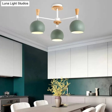 Macaron Colored Orb Chandelier - Nordic Metal & Wood Pendant (3 Heads) For Restaurants
