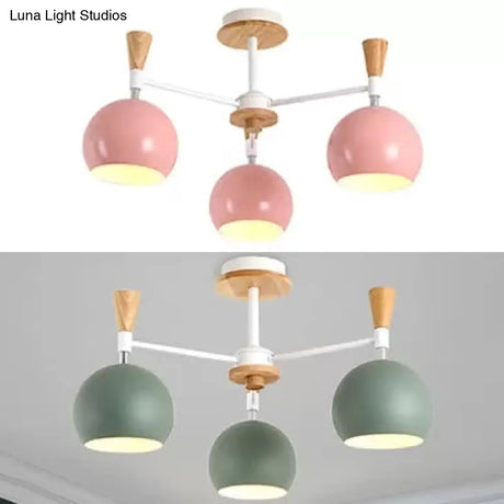 Macaron Colored Orb Chandelier - Nordic Metal & Wood Pendant (3 Heads) For Restaurants