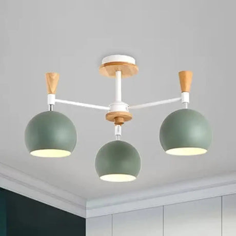 Macaron Colored Orb Chandelier - Nordic Metal & Wood Pendant (3 Heads) For Restaurants Green