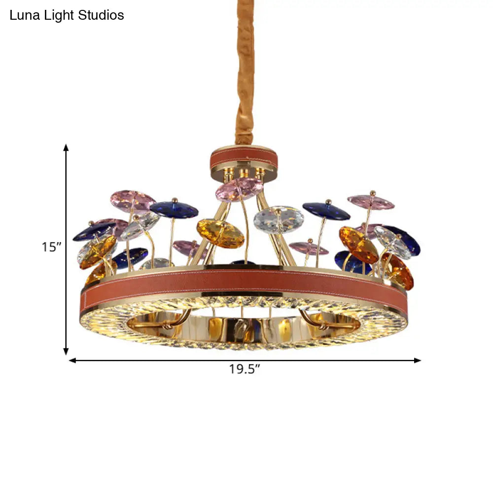 Macaron Crystal Bedroom Chandelier Pendant Light - Red Hoop Led Hanging Lamp With Colorful Mushroom