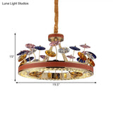 Macaron Crystal Bedroom Chandelier Pendant Light - Red Hoop Led Hanging Lamp With Colorful Mushroom