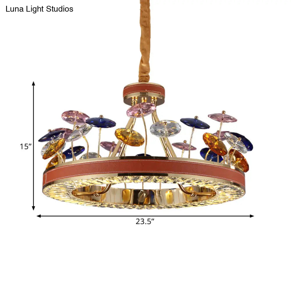 Red Hoop Crystal Bedroom Pendant Light - Led Macaron Chandelier With Colorful Mushroom Decor