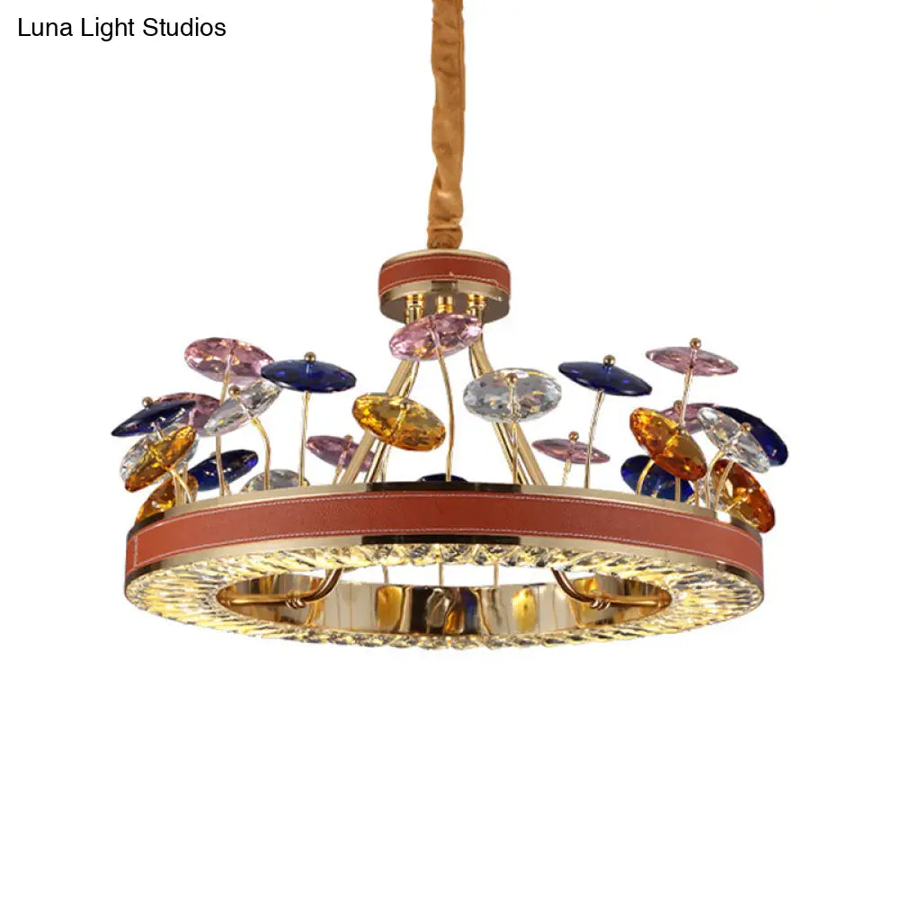 Macaron Crystal Bedroom Chandelier Pendant Light - Red Hoop Led Hanging Lamp With Colorful Mushroom