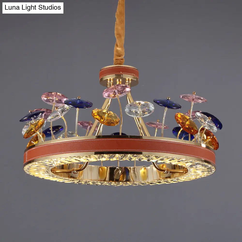 Macaron Crystal Bedroom Chandelier Pendant Light - Red Hoop Led Hanging Lamp With Colorful Mushroom