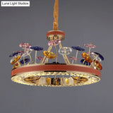 Macaron Crystal Bedroom Chandelier Pendant Light - Red Hoop Led Hanging Lamp With Colorful Mushroom