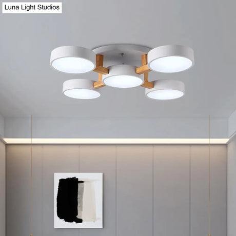 Macaron Drum Shade Led Ceiling Lamp - Green/Grey/White Bedroom Flush Light