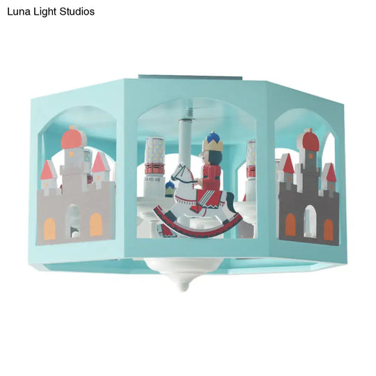 Macaron Green Semi-Flush Mount Ceiling Light With Octagon Metal Shade - 6-Head Bedroom Fixture
