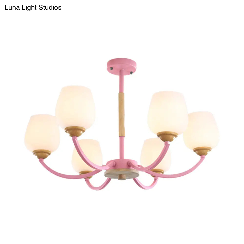 Macaron-Inspired Candy Colored Chandelier With Milk Glass & Metal Hanging Light