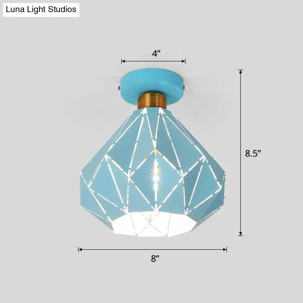 Macaron Iron Ceiling Light: Laser - Cut Diamond Shape Semi Flush Mount 1 Head For Corridors Blue