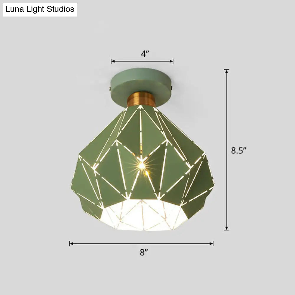 Macaron Iron Ceiling Light: Laser - Cut Diamond Shape Semi Flush Mount 1 Head For Corridors Green