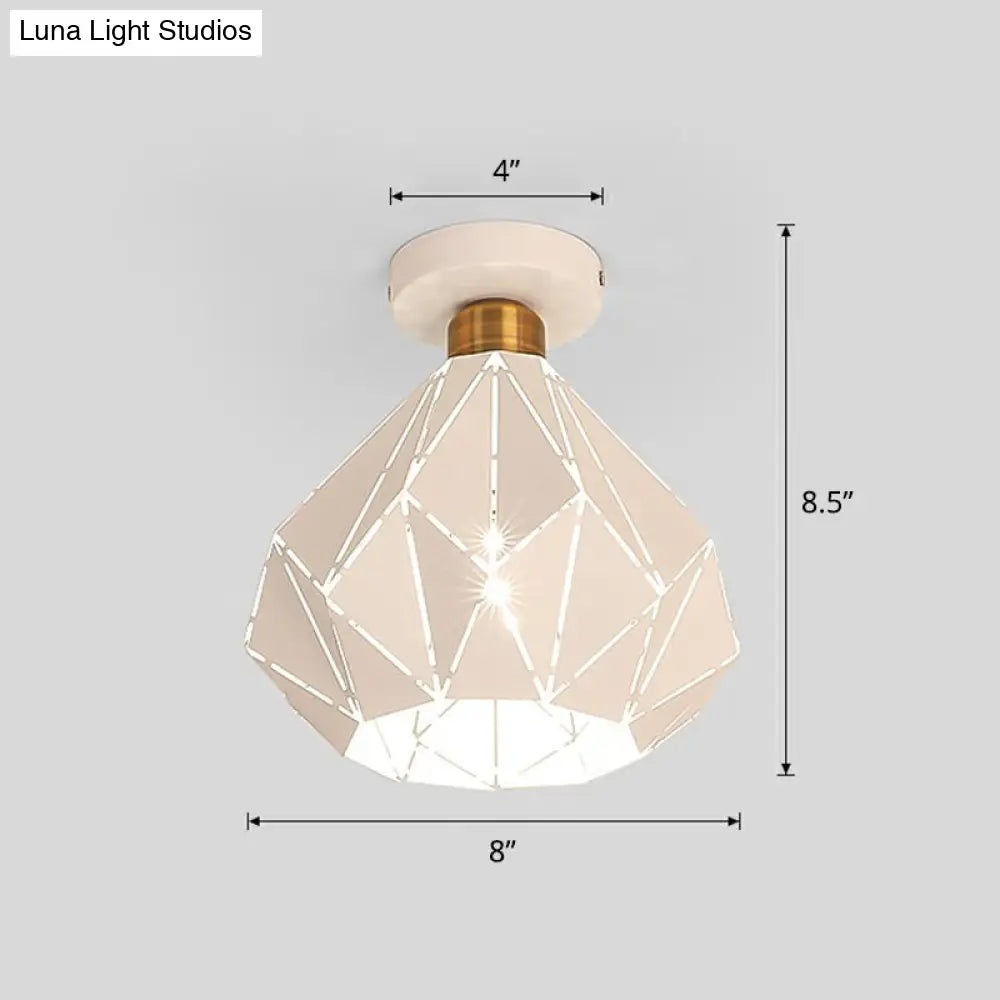 Macaron Iron Ceiling Light: Laser - Cut Diamond Shape Semi Flush Mount 1 Head For Corridors White