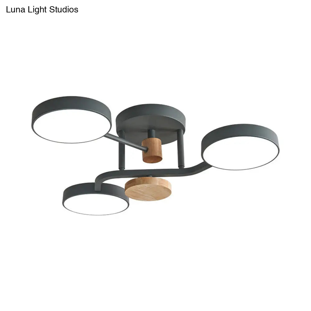 Macaron Metallic Led Flush Mount Lamp In Grey/White/Green - Round Semi-Flush Fixture With Curved Arm