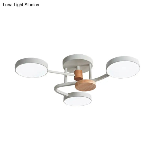 Macaron Metallic Led Flush Mount Lamp In Grey/White/Green - Round Semi-Flush Fixture With Curved Arm