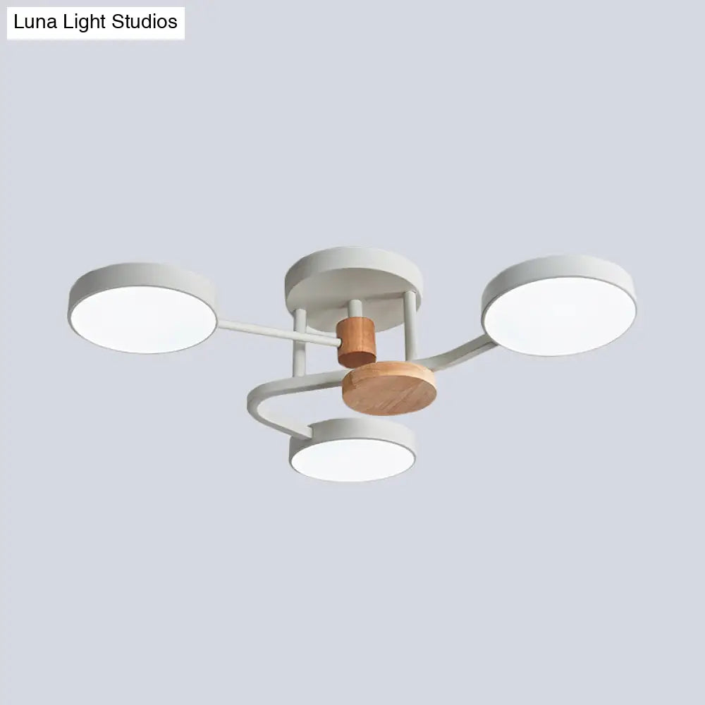 Macaron Metallic Led Flush Mount Lamp In Grey/White/Green - Round Semi-Flush Fixture With Curved Arm