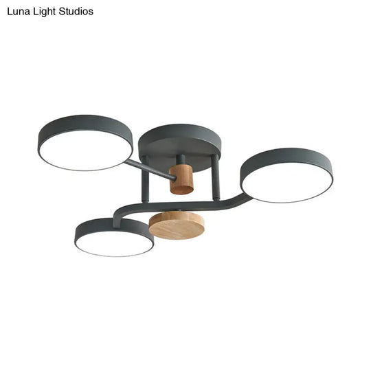 Macaron Metallic Led Flush Mount Lamp In Grey/White/Green - Round Semi-Flush Fixture With Curved Arm