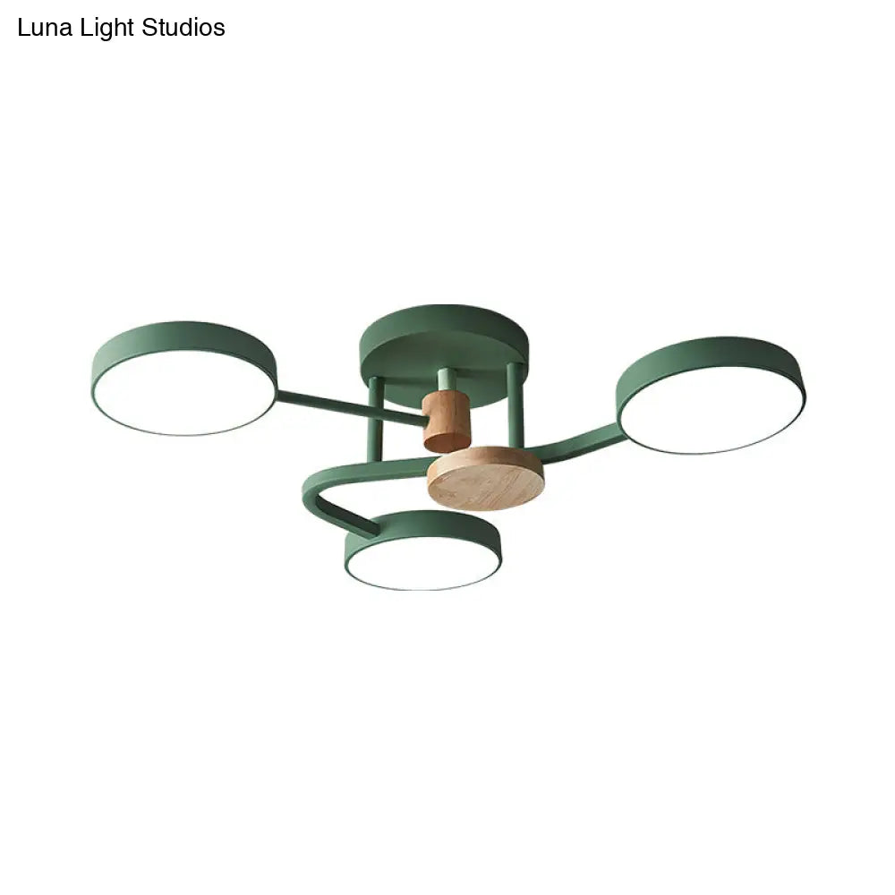Macaron Metallic Led Flush Mount Lamp In Grey/White/Green - Round Semi-Flush Fixture With Curved Arm