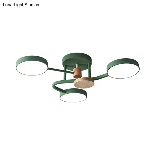 Macaron Metallic Led Flush Mount Lamp In Grey/White/Green - Round Semi-Flush Fixture With Curved Arm
