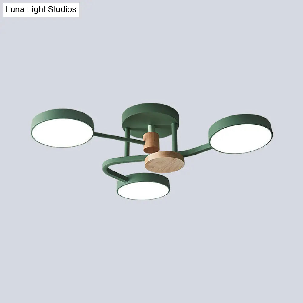 Macaron Metallic Led Flush Mount Lamp In Grey/White/Green - Round Semi-Flush Fixture With Curved Arm