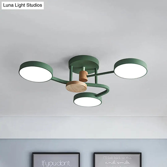 Macaron Metallic Led Flush Mount Lamp In Grey/White/Green - Round Semi-Flush Fixture With Curved Arm