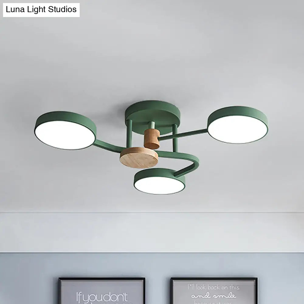Macaron Metallic Led Flush Mount Lamp In Grey/White/Green - Round Semi-Flush Fixture With Curved Arm