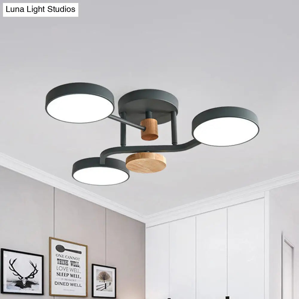 Macaron Metallic Led Flush Mount Lamp In Grey/White/Green - Round Semi-Flush Fixture With Curved Arm
