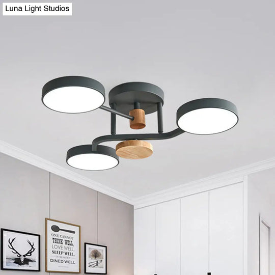 Macaron Metallic Led Flush Mount Lamp In Grey/White/Green - Round Semi-Flush Fixture With Curved Arm