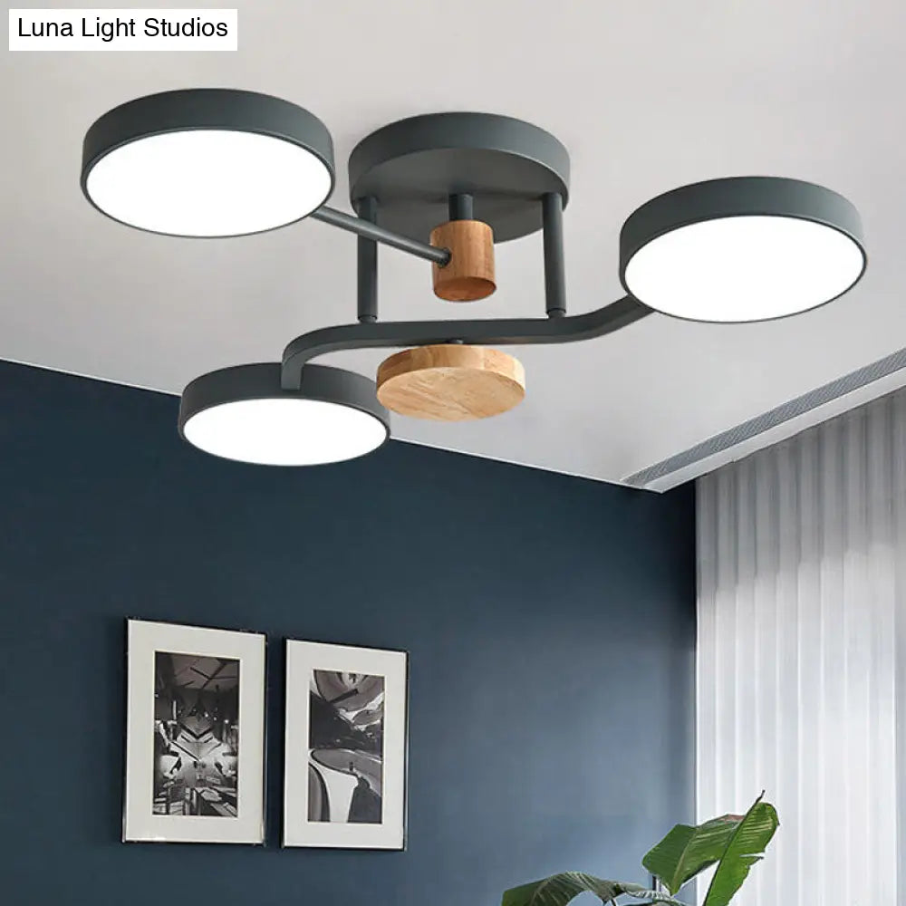 Macaron Metallic Led Flush Mount Lamp In Grey/White/Green - Round Semi-Flush Fixture With Curved Arm