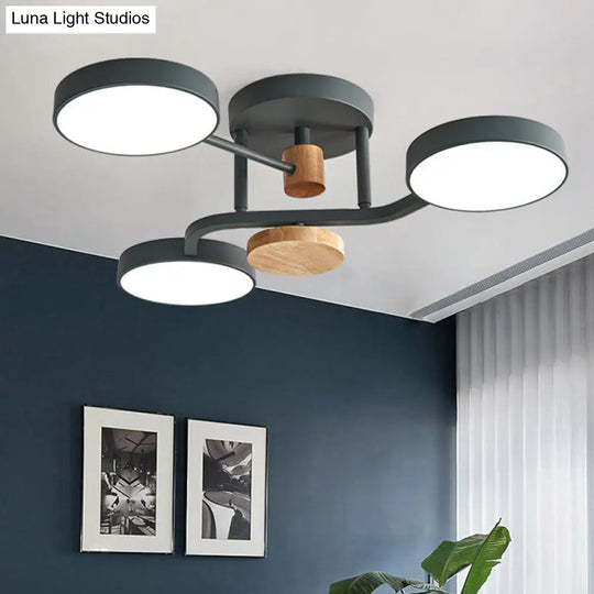 Macaron Metallic Led Flush Mount Lamp In Grey/White/Green - Round Semi-Flush Fixture With Curved Arm