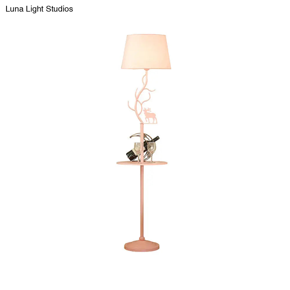 Macaron Pink Deer Floor Lamp With Metallic Cone Design & Shelf - 1-Bulb Standing Light