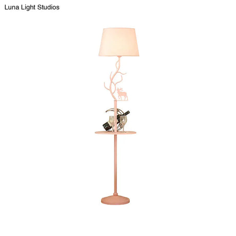 Macaron Pink Deer Floor Lamp With Metallic Cone Design & Shelf - 1-Bulb Standing Light