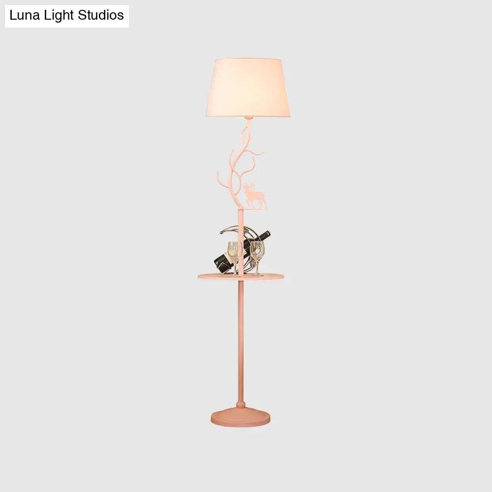 Macaron Pink Deer Floor Lamp With Metallic Cone Design & Shelf - 1-Bulb Standing Light