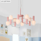 Macaron Pink/Yellow/Blue Lounge Chandelier With Milk Glass Shades - 8 Bulbs Hanging Lamp