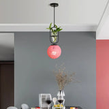 Macaron Rattan Globe Pendant Light With Plant Pot - Beige/Red/Pink Pink