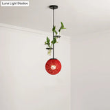 Macaron Rattan Globe Pendant Light With Plant Pot - Beige/Red/Pink
