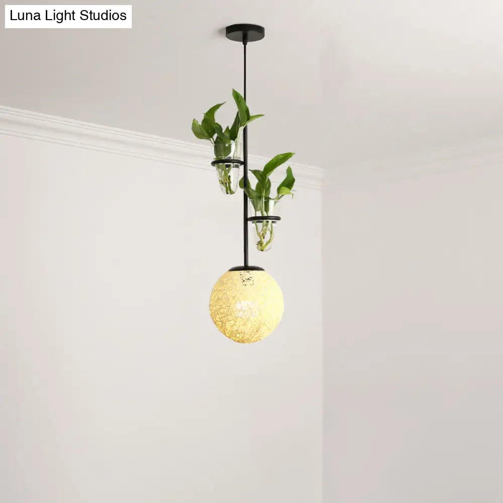 Macaron 1-Head Rattan Hanging Ceiling Light In Beige/Red/Pink With Plant Pot - Kitchen Pendant