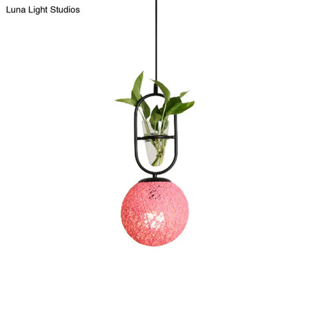 Macaron Rattan Globe Pendant Light With Plant Pot - Beige/Red/Pink